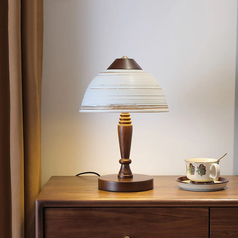 Traditional Japanese Ceramic Solid Wood Round Cylinder 1-Light Table Lamp For Bedroom