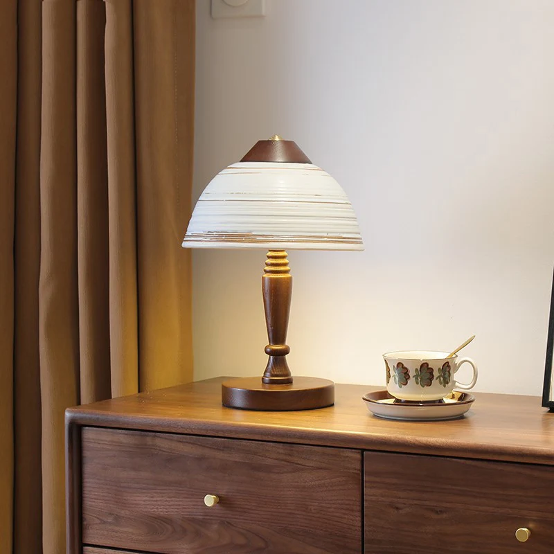 Traditional Japanese Ceramic Solid Wood Round Cylinder 1-Light Table Lamp For Bedroom