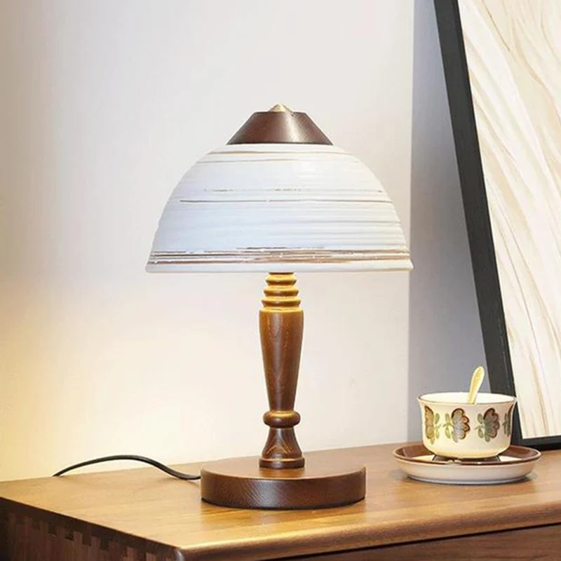 Traditional Japanese Ceramic Solid Wood Round Cylinder 1-Light Table Lamp For Bedroom