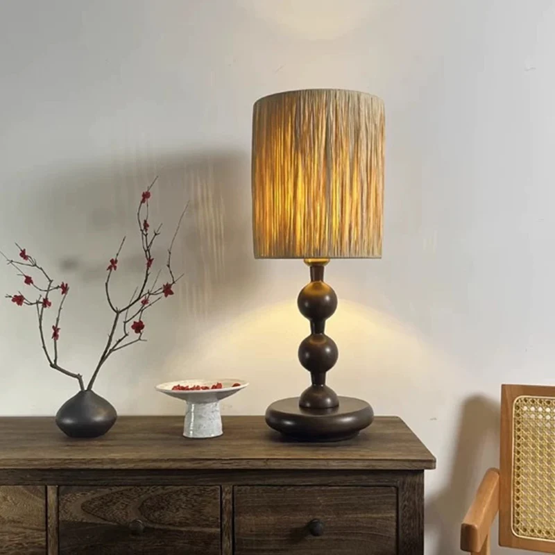 Traditional Chinese Woven Grass Solid Wood Iron Umbrella Round 1-Light Table Lamp For Bedroom