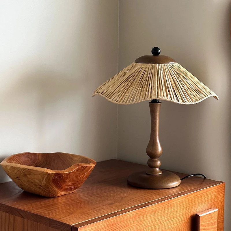 Traditional Chinese Woven Grass Solid Wood Iron Umbrella Round 1-Light Table Lamp For Bedroom