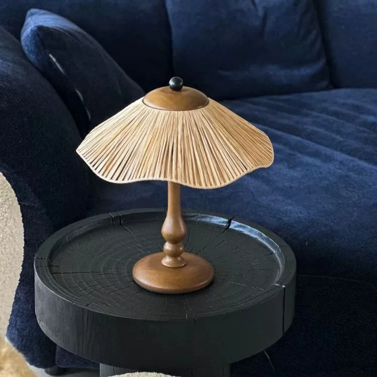 Traditional Chinese Woven Grass Solid Wood Iron Umbrella Round 1-Light Table Lamp For Bedroom