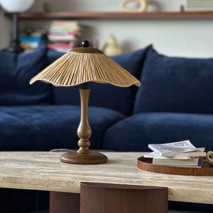 Traditional Chinese Woven Grass Solid Wood Iron Umbrella Round 1-Light Table Lamp For Bedroom