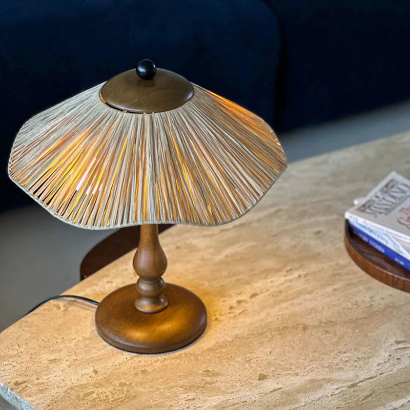 Traditional Chinese Woven Grass Solid Wood Iron Umbrella Round 1-Light Table Lamp For Bedroom