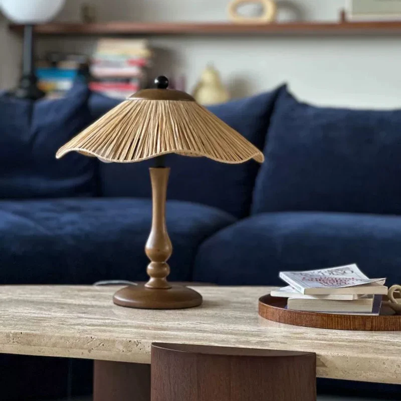 Traditional Chinese Woven Grass Solid Wood Iron Umbrella Round 1-Light Table Lamp For Bedroom