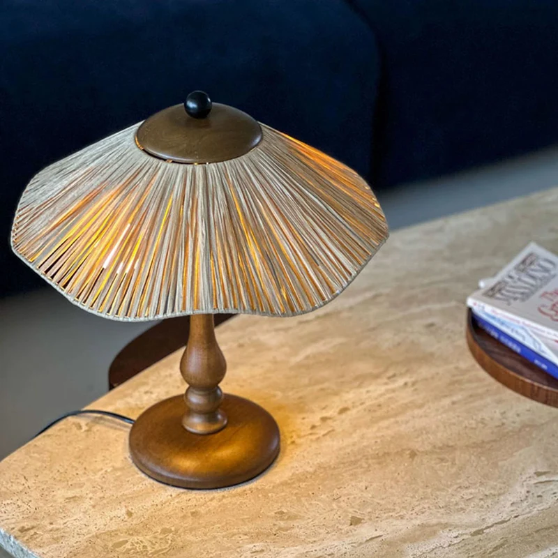 Traditional Chinese Woven Grass Solid Wood Iron Umbrella Round 1-Light Table Lamp For Bedroom