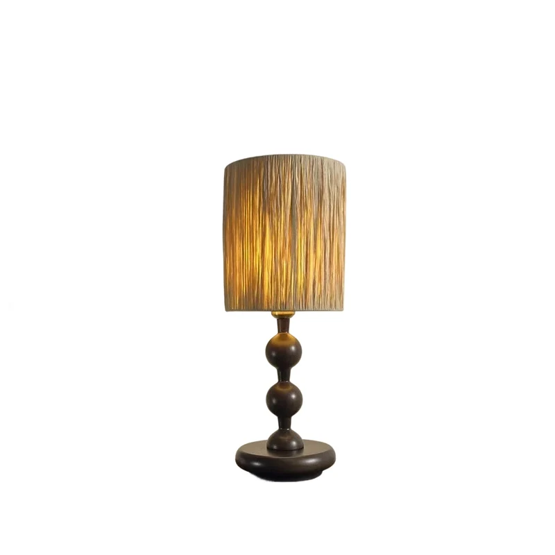 Traditional Chinese Woven Grass Solid Wood Iron Umbrella Round 1-Light Table Lamp For Bedroom
