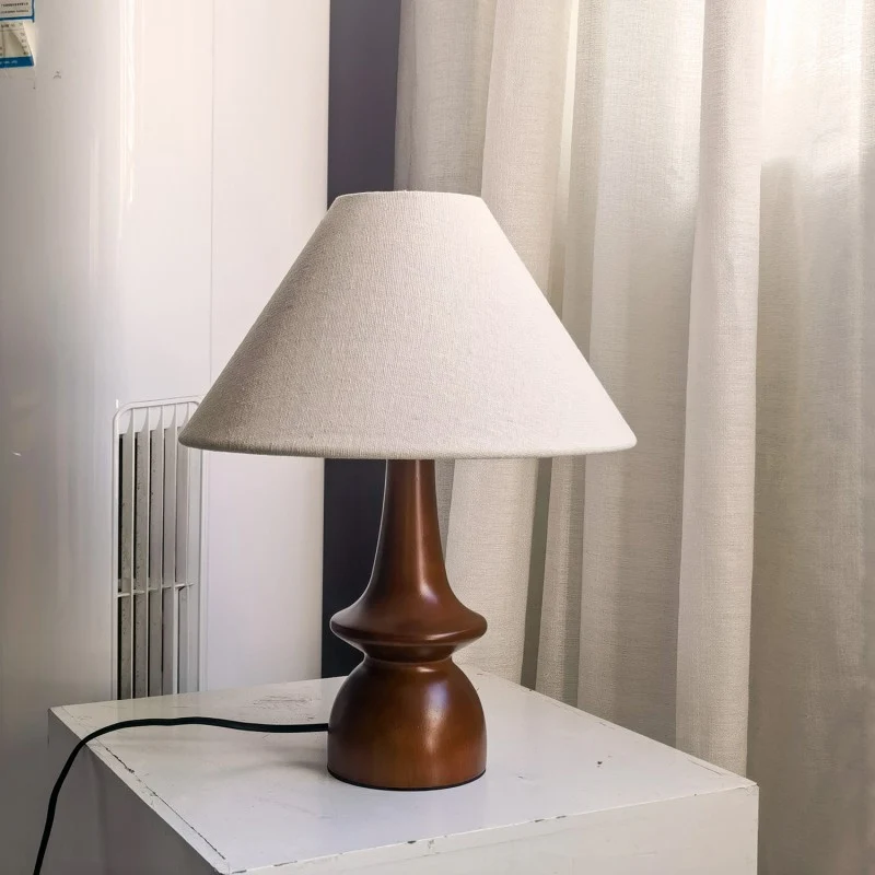 Traditional Vintage Linen Solid Wood Cone Umbrella 1-Light Table Lamp For Bedroom