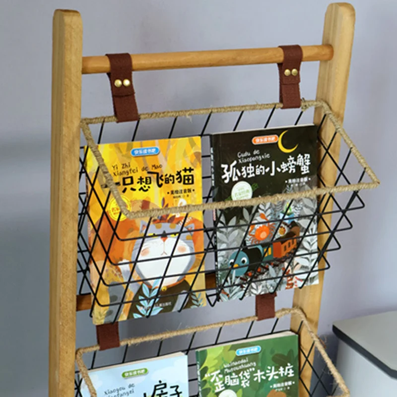 Modern Minimalist Rectangular Solid Wood Iron Rope Display Rack With 3-Basket For Living Room