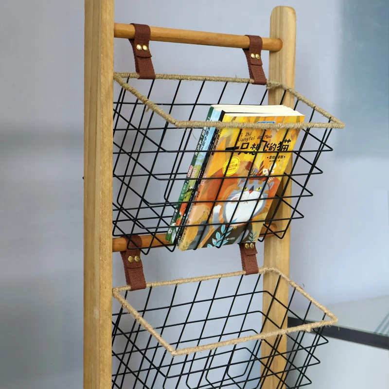 Modern Minimalist Rectangular Solid Wood Iron Rope Display Rack With 3-Basket For Living Room