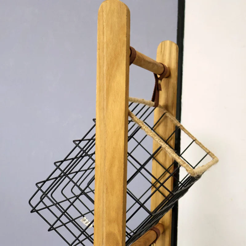Modern Minimalist Rectangular Solid Wood Iron Rope Display Rack With 3-Basket For Living Room