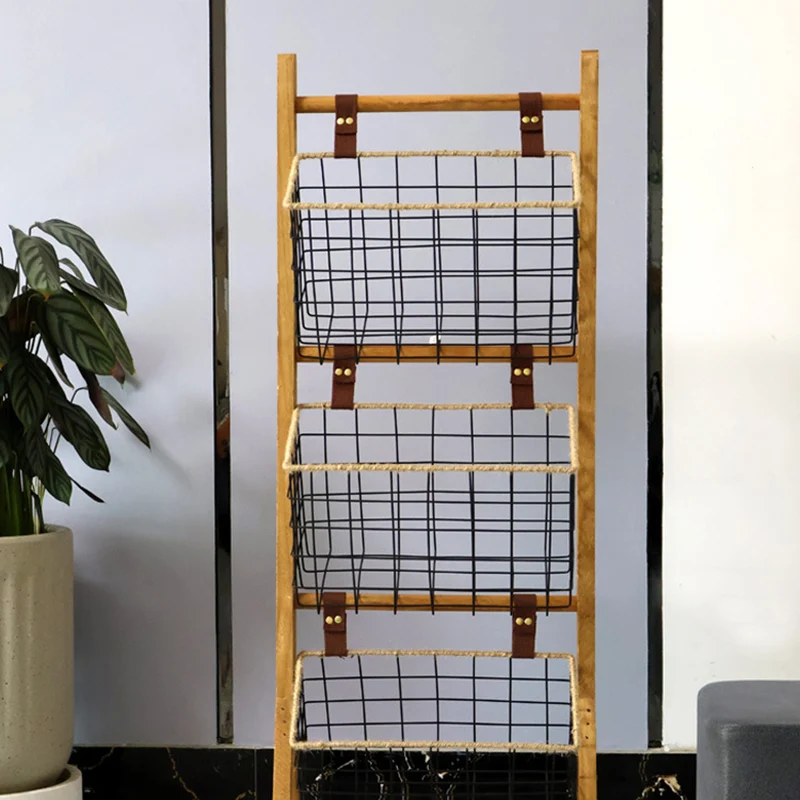 Modern Minimalist Rectangular Solid Wood Iron Rope Display Rack With 3-Basket For Living Room