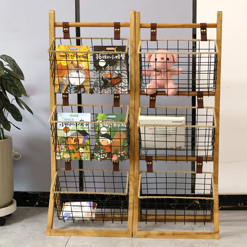 Modern Minimalist Rectangular Solid Wood Iron Rope Display Rack With 3-Basket For Living Room