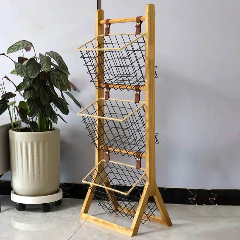 Modern Minimalist Rectangular Solid Wood Iron Rope Display Rack With 3-Basket For Living Room