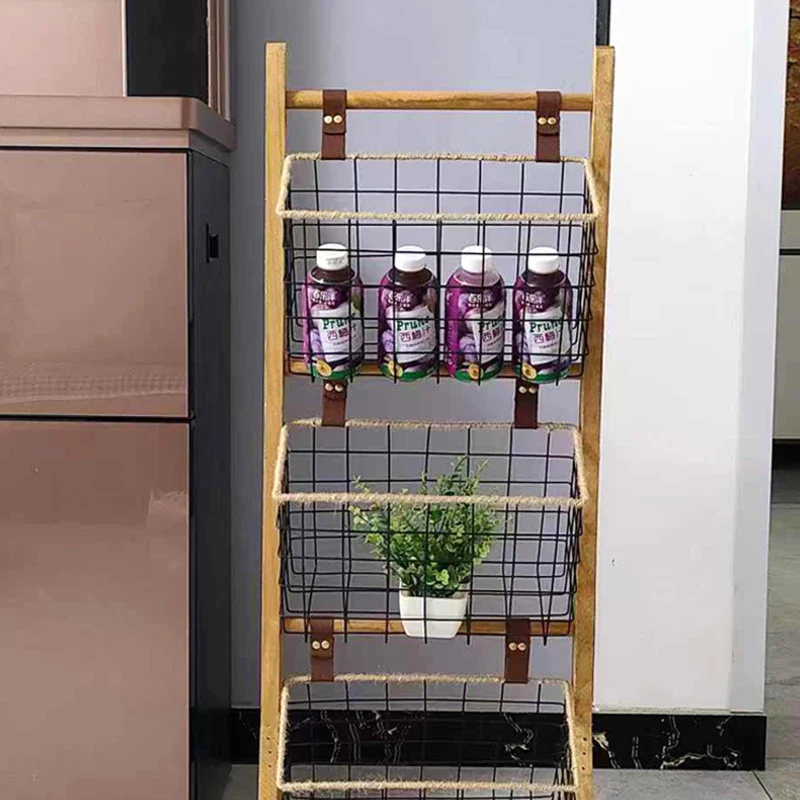 Modern Minimalist Rectangular Solid Wood Iron Rope Display Rack With 3-Basket For Living Room