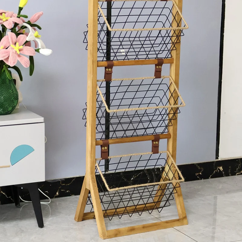 Modern Minimalist Rectangular Solid Wood Iron Rope Display Rack With 3-Basket For Living Room