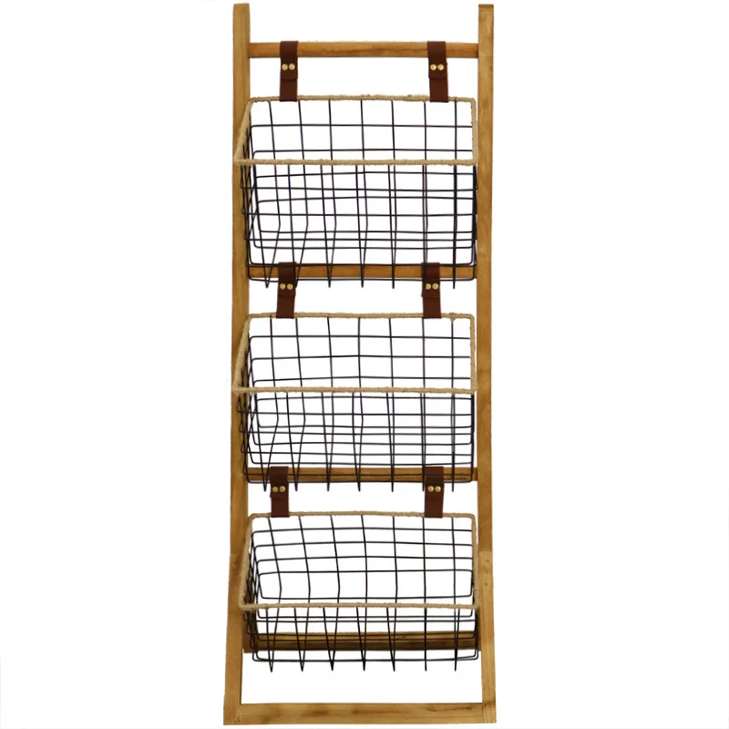 Modern Minimalist Rectangular Solid Wood Iron Rope Display Rack With 3-Basket For Living Room