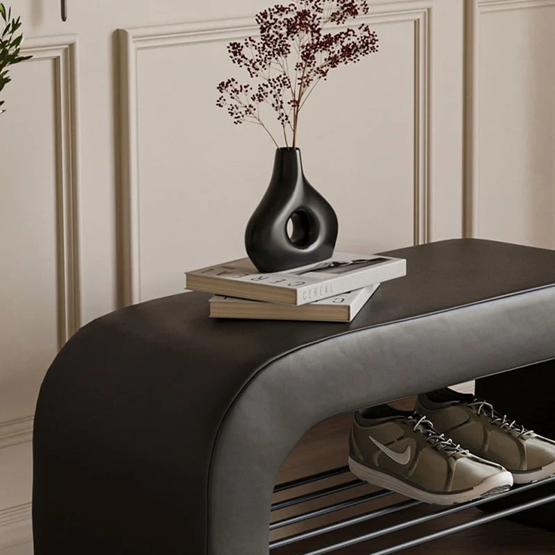 Modern Minimalist Long Rectangle Sherpa Fabric PU Leather Iron Storage Bench 1-Shelf For Entryways
