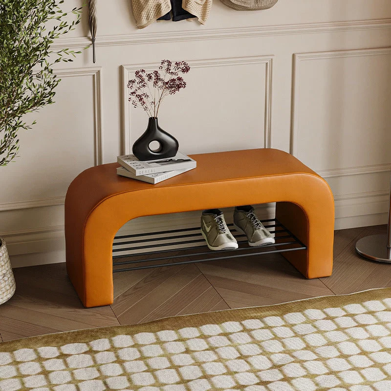 Modern Minimalist Long Rectangle Sherpa Fabric PU Leather Iron Storage Bench 1-Shelf For Entryways