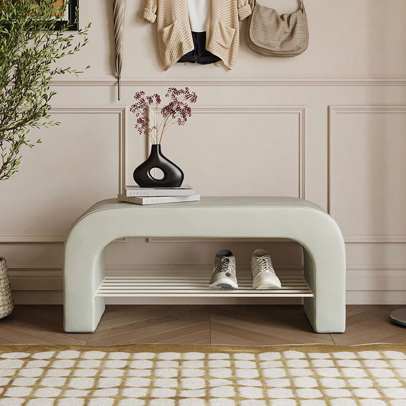 Modern Minimalist Long Rectangle Sherpa Fabric PU Leather Iron Storage Bench 1-Shelf For Entryways