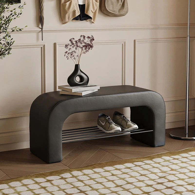 Modern Minimalist Long Rectangle Sherpa Fabric PU Leather Iron Storage Bench 1-Shelf For Entryways