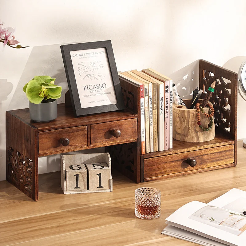Traditional Vintage Rectangular Teak Bookshelf 4-Drawer For Home Office
