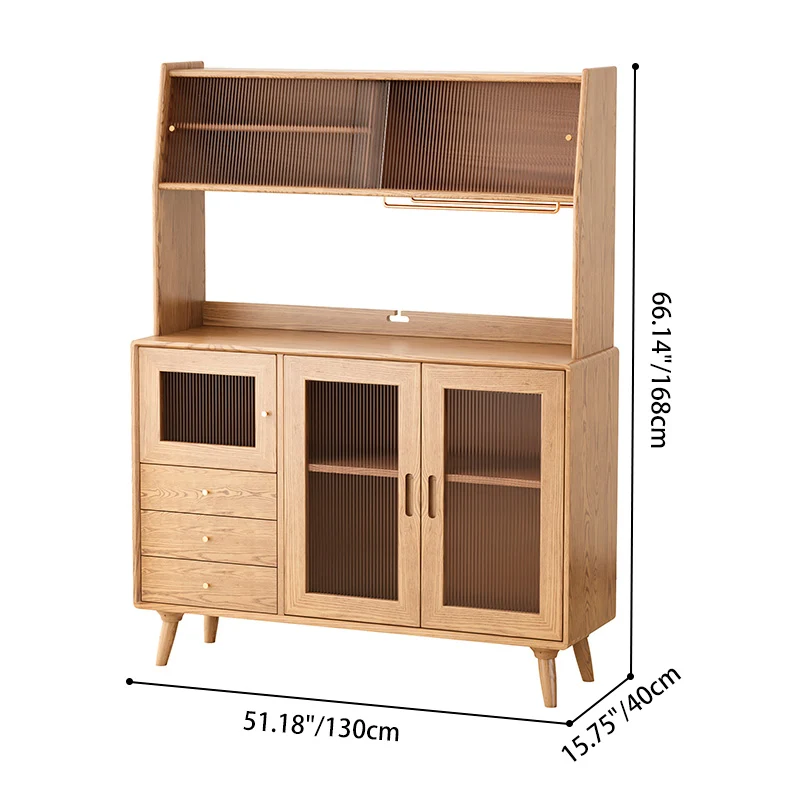 Contemporary Scandinavian North American Ash Wood Storage Cabinet - Rectangular With Hutch Ribbed Glass Storage Sideboard For Dining Room & Kitchen