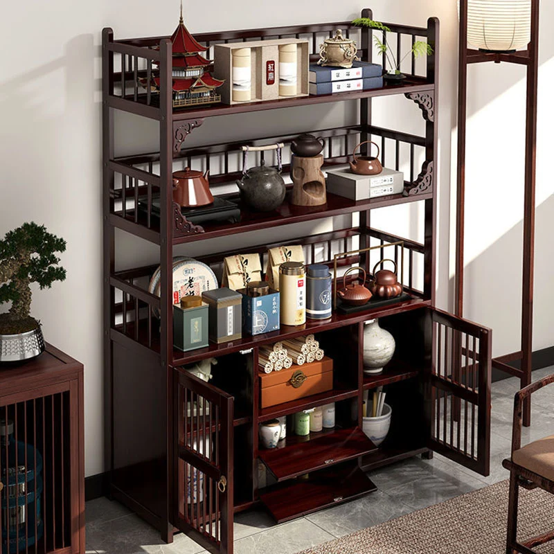 Traditional Chinese Rectangular Bamboo Medium Density Fiberboard Storage Cabinet 4/5-Tier For Living Room
