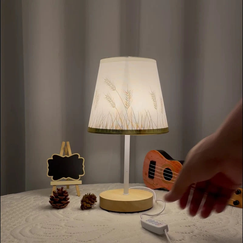 Modern Minimalist Trapezoidal Rubberwood Fabric LED Table Lamp For Bedroom