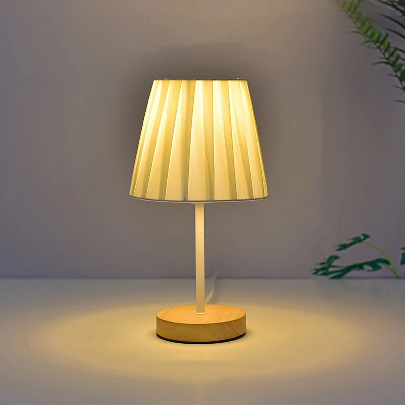 Modern Minimalist Trapezoidal Rubberwood Fabric LED Table Lamp For Bedroom
