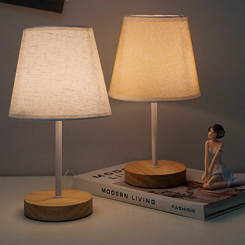 Modern Minimalist Trapezoidal Rubberwood Fabric LED Table Lamp For Bedroom