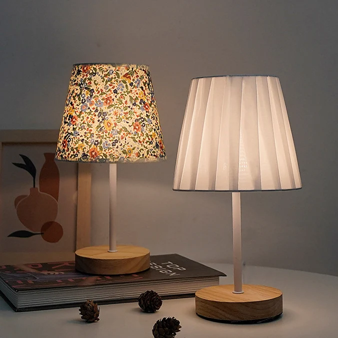 Modern Minimalist Trapezoidal Rubberwood Fabric LED Table Lamp For Bedroom