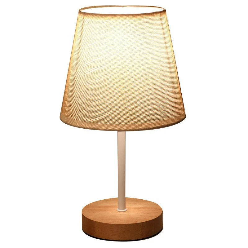 Modern Minimalist Trapezoidal Rubberwood Fabric LED Table Lamp For Bedroom
