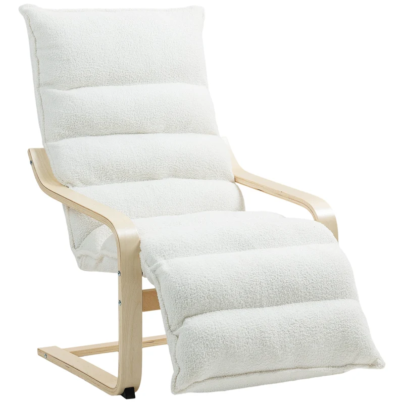 Poltrona lounge em madeira de bétula, poltrona estofada, apoio de pés ajustável, Branco