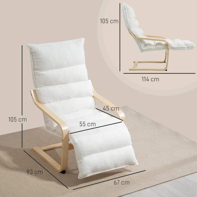 Poltrona lounge em madeira de bétula, poltrona estofada, apoio de pés ajustável, Branco