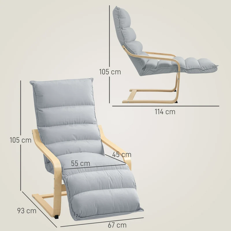 Poltrona lounge em laminado de bétula, poltrona estofada com apoio de pés ajustável, cadeira de braços moderna, Cinza claro