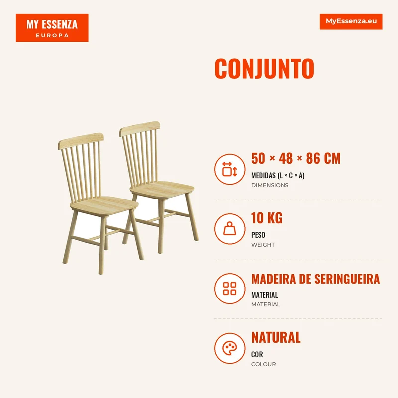 Conjunto de 2 Cadeiras de Sala de Jantar em Madeira Design Windsor Encosto Curvo Assento Largo Natural