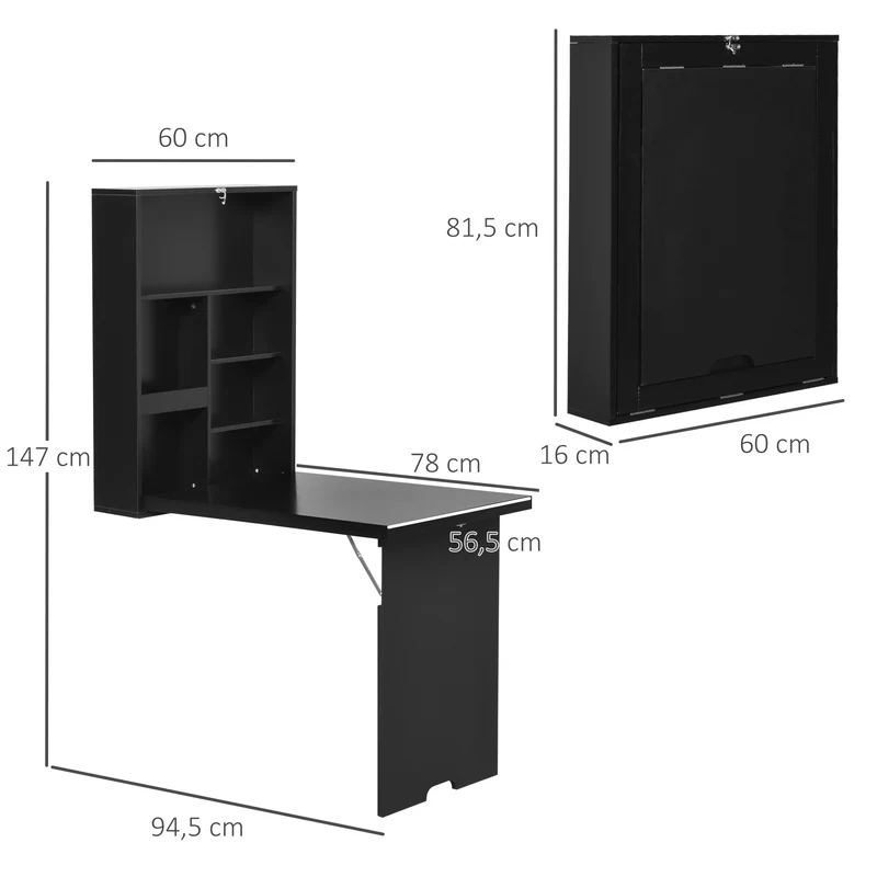 Mesa de Parede Dobrável Secretária de Parede Incl. Quadro de Escrita 60x94,5x147 cm Preto