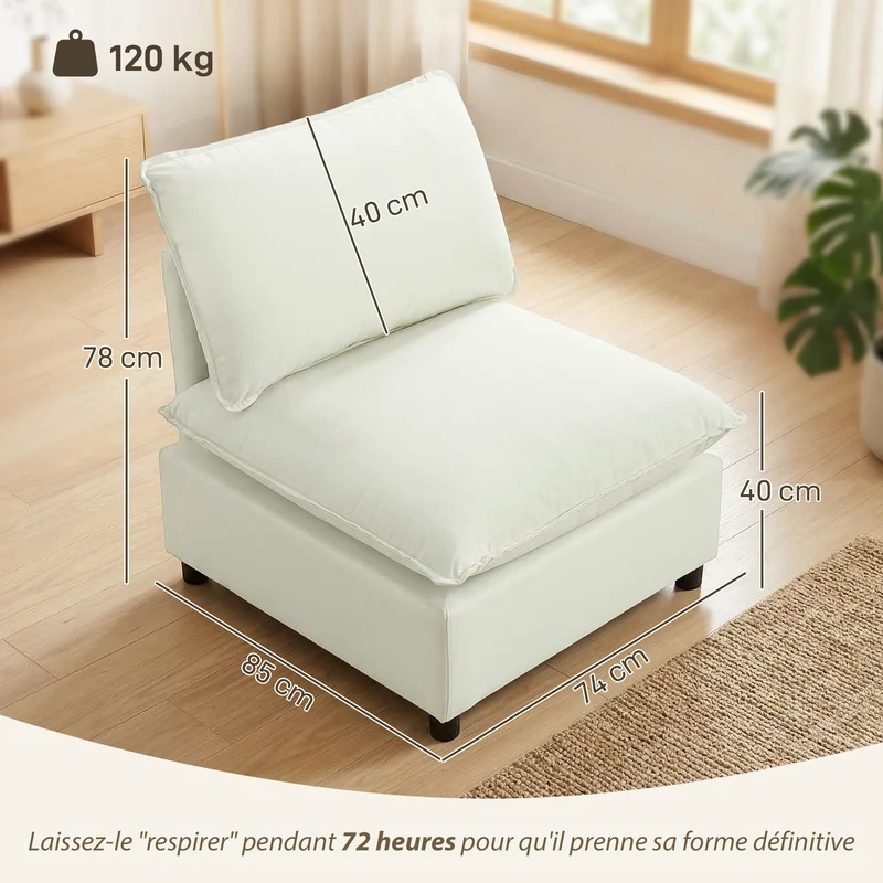 Poltrona de Sala sofá 1 Lugar Moderno sem Apoios de Braço com Assento Largo Almofadas Espessas 146x85x78 cm Creme