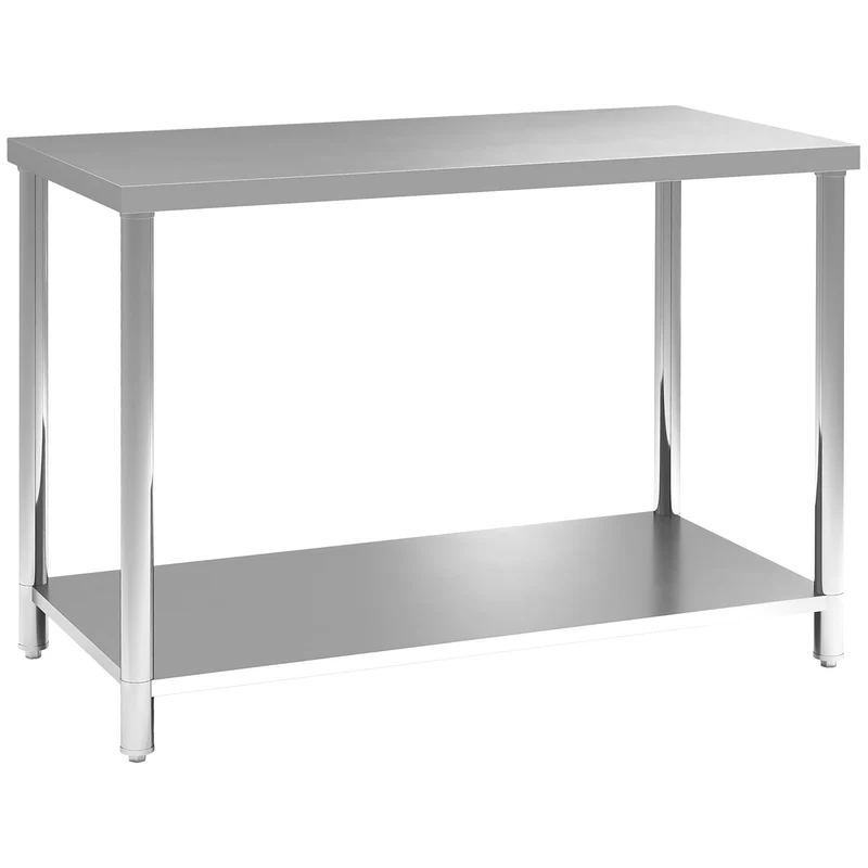 Mesa de Trabalho em Aço Inoxidável com 2 Prateleiras para Cozinha Garagem e Oficina até 100 kg 120x60x86 cm Prata