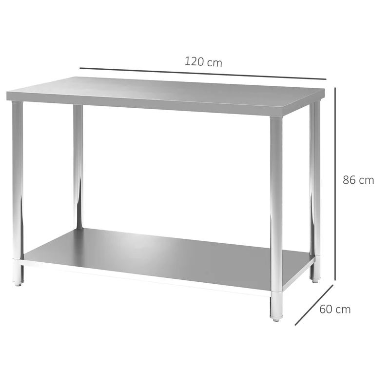 Mesa de Trabalho em Aço Inoxidável com 2 Prateleiras para Cozinha Garagem e Oficina até 100 kg 120x60x86 cm Prata