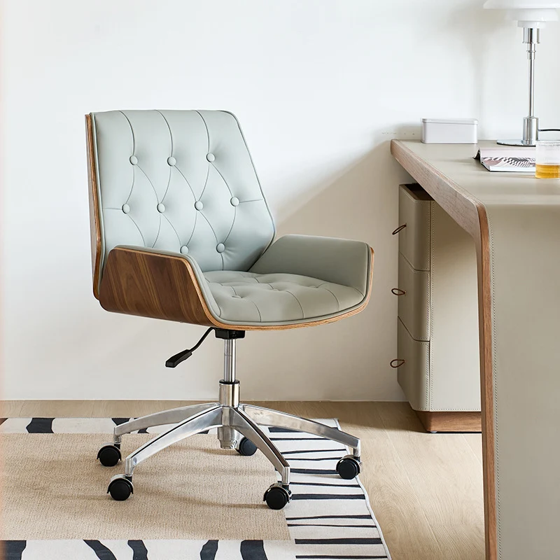 Contemporary Nordic Swivel Microfiber & Genuine Leather Plywood Steel Square Desk Chair With Armrest And Backrest For Home Office Or Study