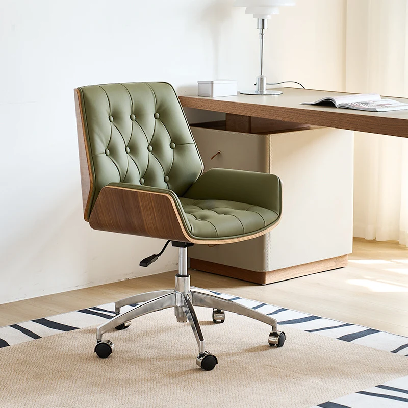 Contemporary Nordic Swivel Microfiber & Genuine Leather Plywood Steel Square Desk Chair With Armrest And Backrest For Home Office Or Study