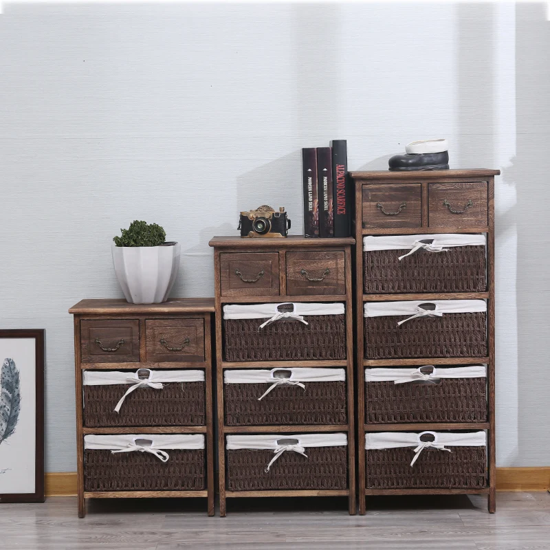 Traditional Vintage Rectangle Cube Paulownia Wood Rope Weaving Storage Cabinet 3/4/5 - Tier For Living Room