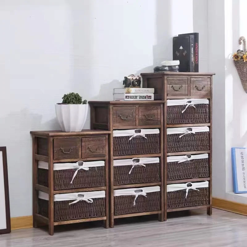 Traditional Vintage Rectangle Cube Paulownia Wood Rope Weaving Storage Cabinet 3/4/5 - Tier For Living Room