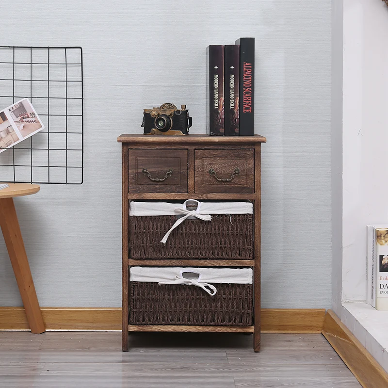 Traditional Vintage Rectangle Cube Paulownia Wood Rope Weaving Storage Cabinet 3/4/5 - Tier For Living Room