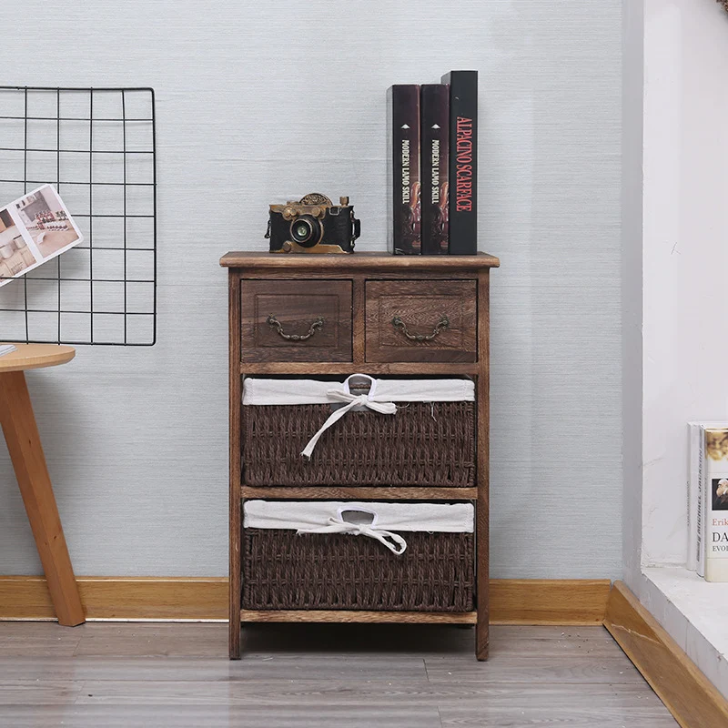 Traditional Vintage Rectangle Cube Paulownia Wood Rope Weaving Storage Cabinet 3/4/5 - Tier For Living Room