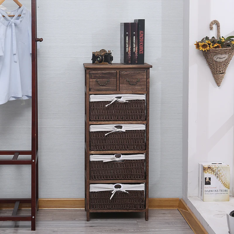 Traditional Vintage Rectangle Cube Paulownia Wood Rope Weaving Storage Cabinet 3/4/5 - Tier For Living Room