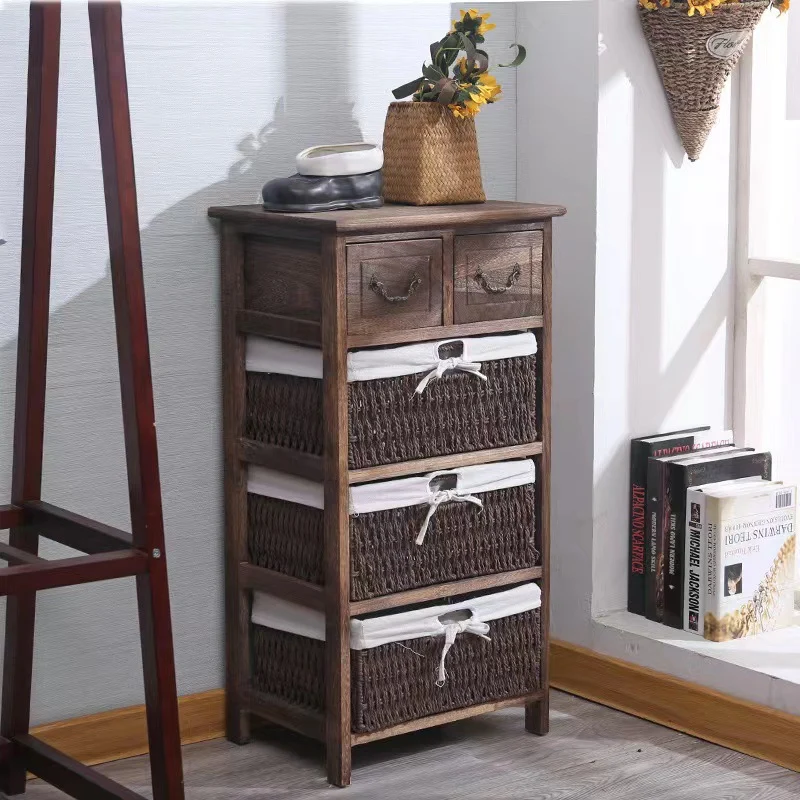 Traditional Vintage Rectangle Cube Paulownia Wood Rope Weaving Storage Cabinet 3/4/5 - Tier For Living Room