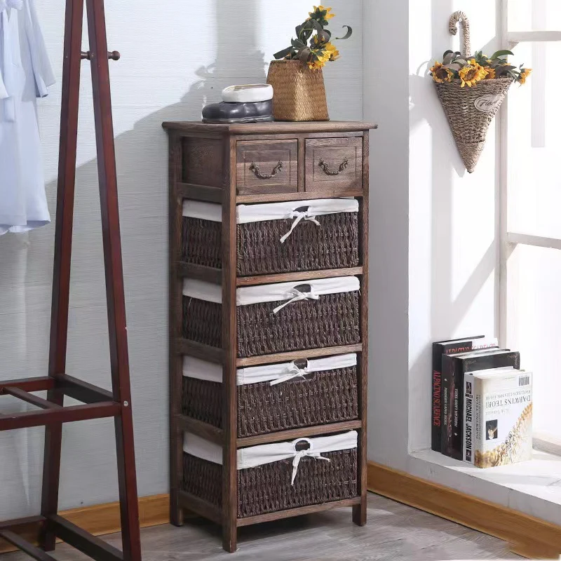 Traditional Vintage Rectangle Cube Paulownia Wood Rope Weaving Storage Cabinet 3/4/5 - Tier For Living Room